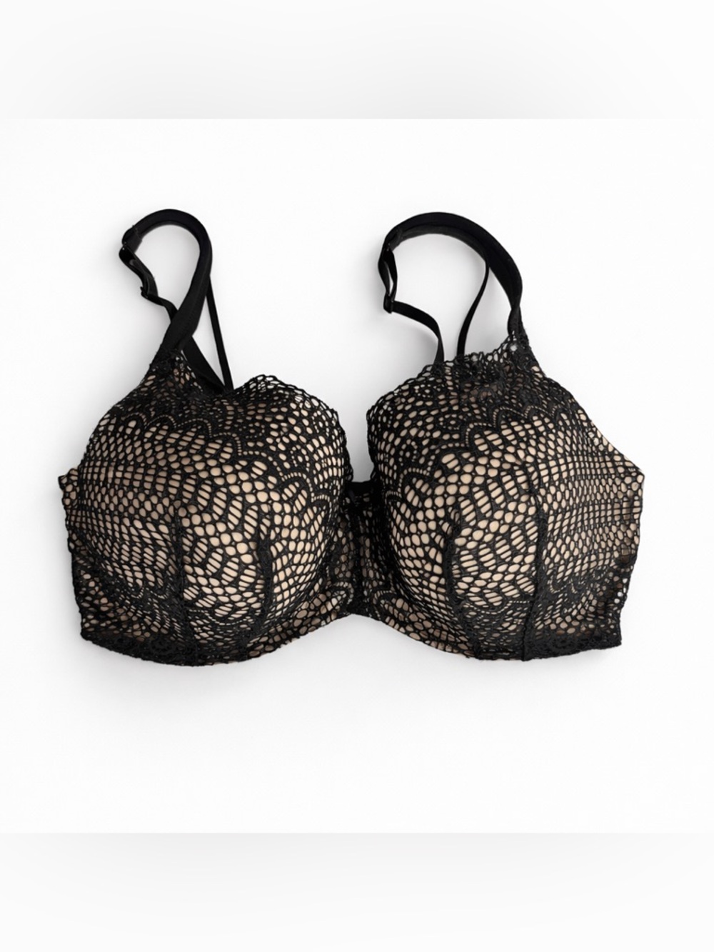 Cacique Black Lace Overlay Balconette Underwire Bra 40F Lined Full Coverage